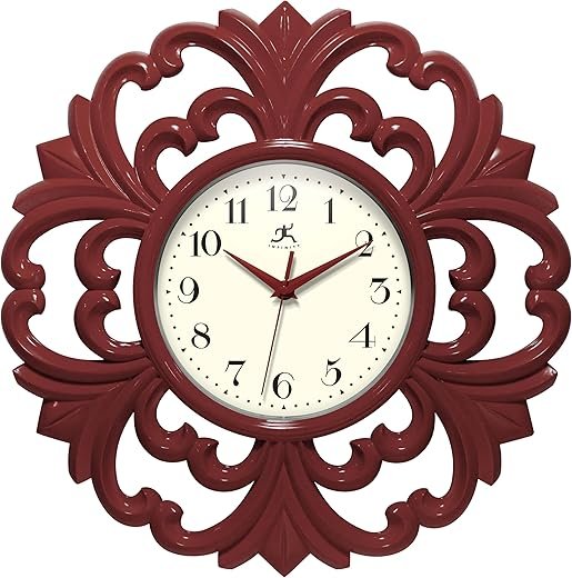 Infinity Instruments Wisteria 15.5 Inch Wall Clock, Indoor Use, Quartz Movement, Battery Operated, Silent Movement - Red