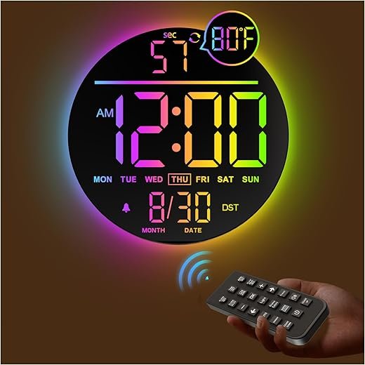 JALL 10" Large Digital Wall Clock with Seconds, Alarm Countdown Timer, Big LED Display, RGB Color, DST, Temperature, Mounted for Bedroom Living Room Office Classroom Gym, Xmas Birthday Gift, RGB