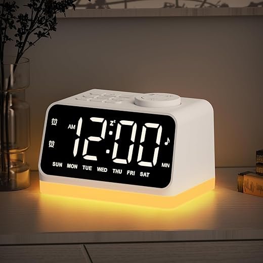 JALL Digital Alarm Clock with FM Radio for Bedroom, 8 Colors Night Light with Charging Port, Sleep Sound Machines with Timer, Dual Alarm (White with White Font)
