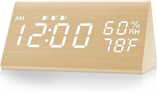 JALL Digital Alarm Clock, with Wooden Electronic LED Time Display, 3 Alarm Settings, Humidity & Temperature Detect, Wood Made Electric Clocks for Bedroom, Bedside (Yellow)