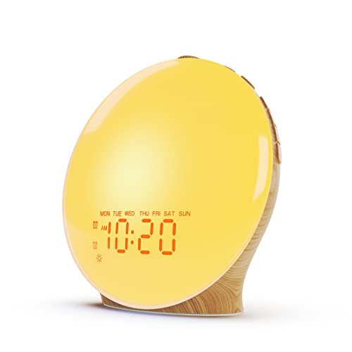 JALL Wake Up Light Sunrise Alarm Clock for Kids, Heavy Sleepers, Bedroom, White Noise Sound Machine with 17 Nihgt Lights, 25 Soothing Sounds, Bluetooth Speaker, Dual Alarms, FM Radio, Wood Grain
