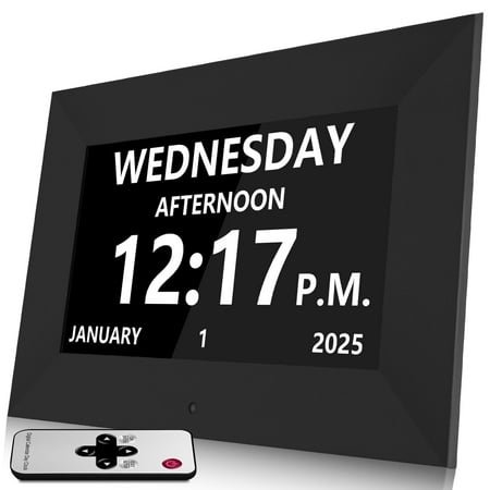 Jazeyeah 7 Inch Digital Alarm Clock with Date and Day of Week for Seniors-12 Alarms 20 Reminder Large Display Auto Dimmable Perfect for Elderly