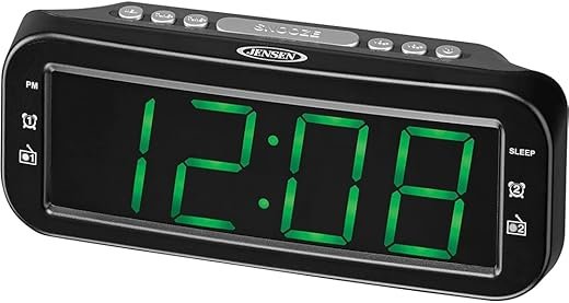 JENSEN JCR-206 Digital AM/FM Dual Alarm Clock Radio, Simple, Sleek Design with Large 1.8” Green LED Display, Aux Input, and Built-in Speaker