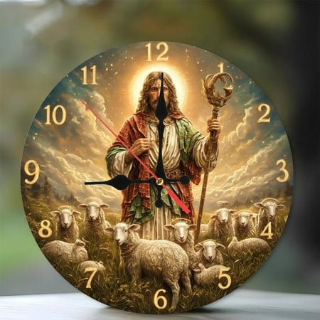 Jesus Shepherd Wall Clock Good Shepherd Biblical Art 10-Inch Silent Wooden Wall Clock, Battery Operated (AA Batteries Not Included), Artistic Home Decor