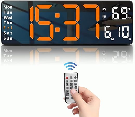 JoFomp Digital Wall Clock - 13 Large LED Display, Loud Alarm, Remote Control, DST, Auto-Dimming, Date and Day, Timer, Temperature - 12/24H Format - Ideal for Living Room, Bedroom, Kitchen