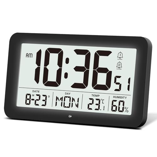 JoFomp Digital Wall Clock Battery Operated with Backlight, LCD Digital Clock Large Display, Modern Wall Clocks for Living Room Decor, Alarm Clocks for Bedroom with Date/Week/Temp/Humidity - 12/24H
