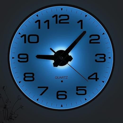 JoFomp Lighted Wall Clocks Battery Operated, 8 Inch Small Wall Clock for Bedroom Night Glow, Night Light Wall Clock Silent, Glow in Dark Wall Clocks for Living Room Decor, Light Sensor - Auto Lighting