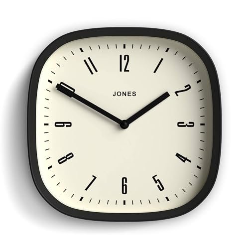 JONES CLOCKS® Marvel Wall Clock | Modern Retro Rounded Square Clock | 10 inch | Black | Cool Designer Look for Kitchen, Living Room or Office