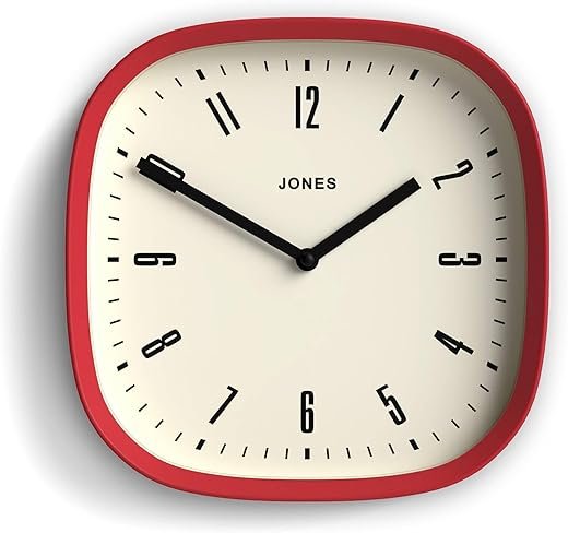 JONES CLOCKS® Marvel Wall Clock | Retro Rounded Square Clock | 10 inch | Red | Cool Designer Look for Kitchen, Living Room or Office