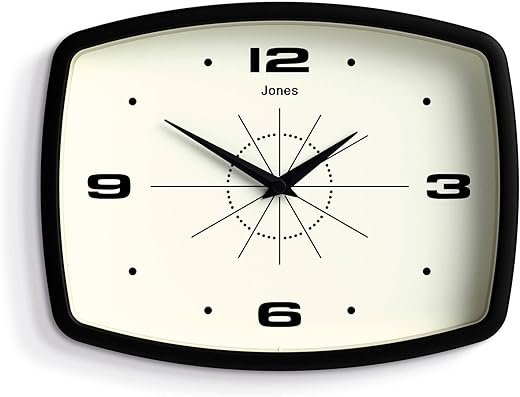 JONES CLOCKS® Movie Wall Clock | Rectangular Retro Clock | 10 inch | Black | Cool mid-Century Designer Look for Kitchen, Living Room or Office