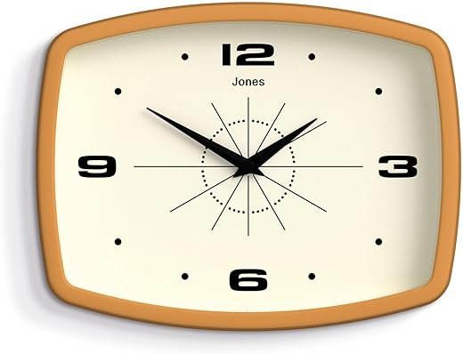 JONES CLOCKS® Movie Wall Clock | Rectangular Retro Clock | 10 inch | Mustard Yellow | Cool mid-Century Designer Look for Kitchen, Living Room or Office