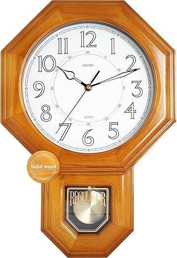 JUSTIME Traditional Luminous Schoolhouse Solid Wood Pendulum Wall Clock Chimes Hourly with Westminster Melody Chime Made in Taiwan (Natural Wood w/Westminster Chime)