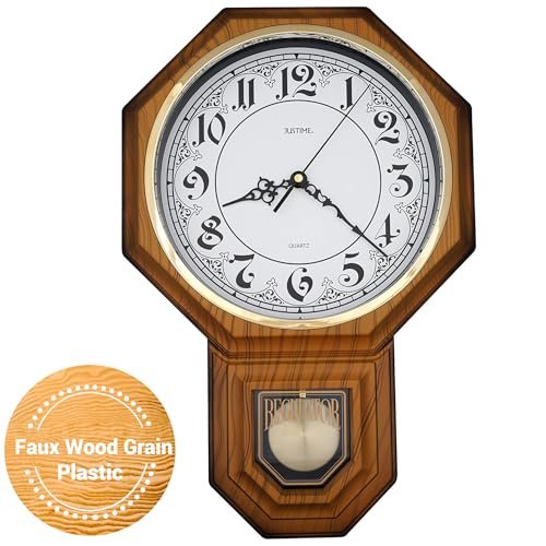 JUSTIME Traditional Schoolhouse Classic Vintage Arabic Regulator Wall Clock, Chiming Wall Clocks with Pendulum & Westminster Chime Hourly, Schoolhouse Wall Decor Battery Operated (Light Wood Grain)