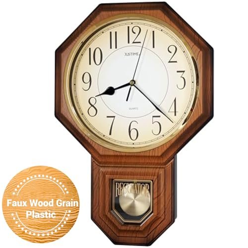 JUSTIME Traditional Schoolhouse Gradient Arabic Regulator Wall Clock, Chiming Wall Clocks with Pendulum & Westminster Chime Hourly, Schoolhouse Wall Decor Battery Operated (Light Wood Grain)