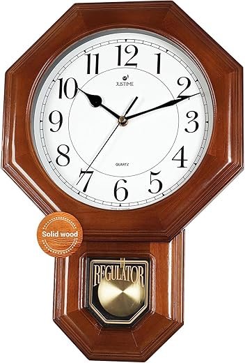 JUSTIME Traditional Schoolhouse Solid Wood Pendulum Wall Clock Chimes Hourly with Westminster Melody Chime Made in Taiwan (Dark Wood w/Westminster Chime)