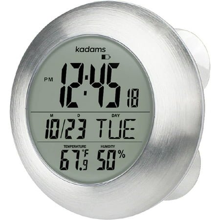 KADAMS Silver Waterproof Digital Timer Clock with Smart Alarm, Hygrometer, Temperature Display, Suction Cup, for Home Kitchen or Bathroom