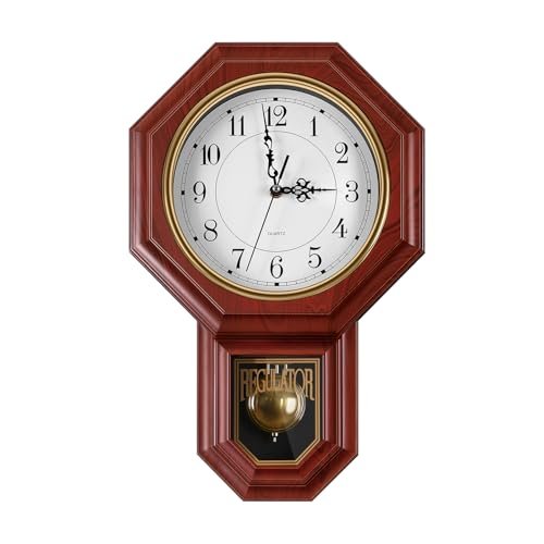 KANEODOT Regulator Wall Clock with Pendulum,Imitation Red Wood Plastic Wall Clock Battery Operated,Vintage Decorative Wall Clocks for Living Room,Farmhouse,Office,Bedroom,Kitchen,Wall Decor