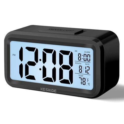 KESHIDE Night Light Digital Alarm Clock Battery Operated with Indoor Temperature, Desk Small Clock,Snooze Model,12/24H Display for Bedrooms Heavy Sleepers Kids Travel Bathroom (Black)