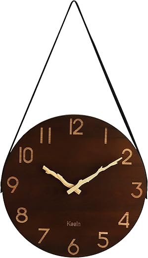 Kesin Wall Clock 12 Inch Silent Wooden Wall Clock Battery Operated Hand Made Retro Fashion Clock with Rope Hanging Decorative for Living Room Kitchen Bedroom Office
