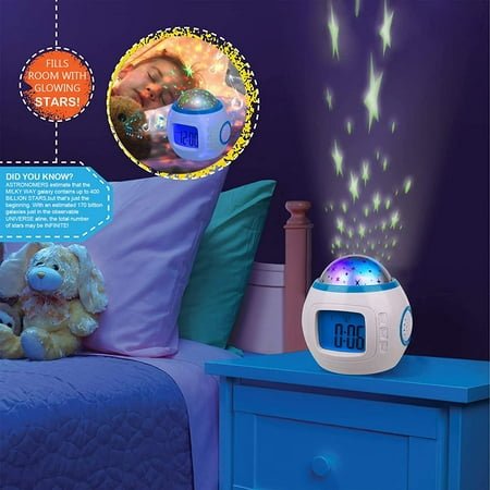 Kids Alarm Clock, Moon Stars Projector Alarm Clock, 7 Color Changing Temperature Detect Alarm Clock for Toddler, Children Boys Girls Students to Wake up at Bedroom, Bedside, Batteries Operated