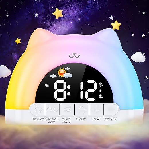 Kids Alarm Clock, OK to Wake Alarm Clock for Kids, Cat Clock with 11 Colors Night Light, 10 Soothing Sounds, Child Lock, Dual Alarms, Sleep Training, Birthday Gift for Boy Girls Children