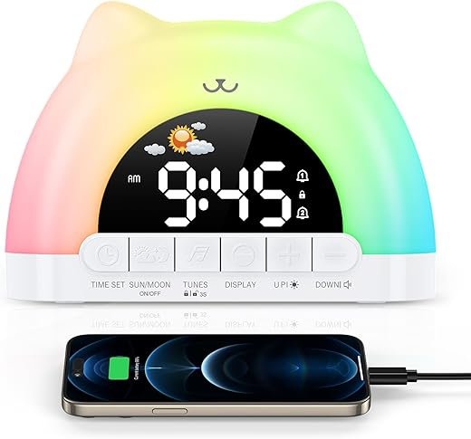 Kids Alarm Clock, OK to Wake Alarm Clock for Kids, Cat Clock with 11 Colors Night Light, 10 Soothing Sounds, Child Lock, Dual Alarms, Sleep Training, Birthday Gift for Boy Girls Children