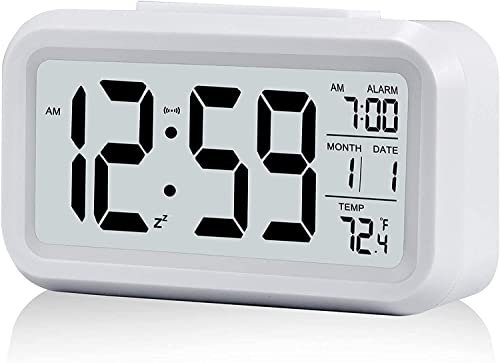 Kids Alarm Clock with Indoor Temperature, Battery Operated,Snooze Model,12/24H Display for Bedrooms Heavy Sleepers Kids Travel Bathroom Desk Smart Clock, (White)