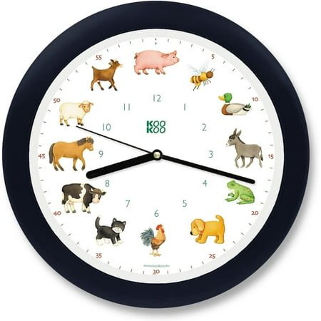 KOOKOO KidsWorld Black-Blue, Wall Clock for Children with Natural Sounds, 12 Farm Animals