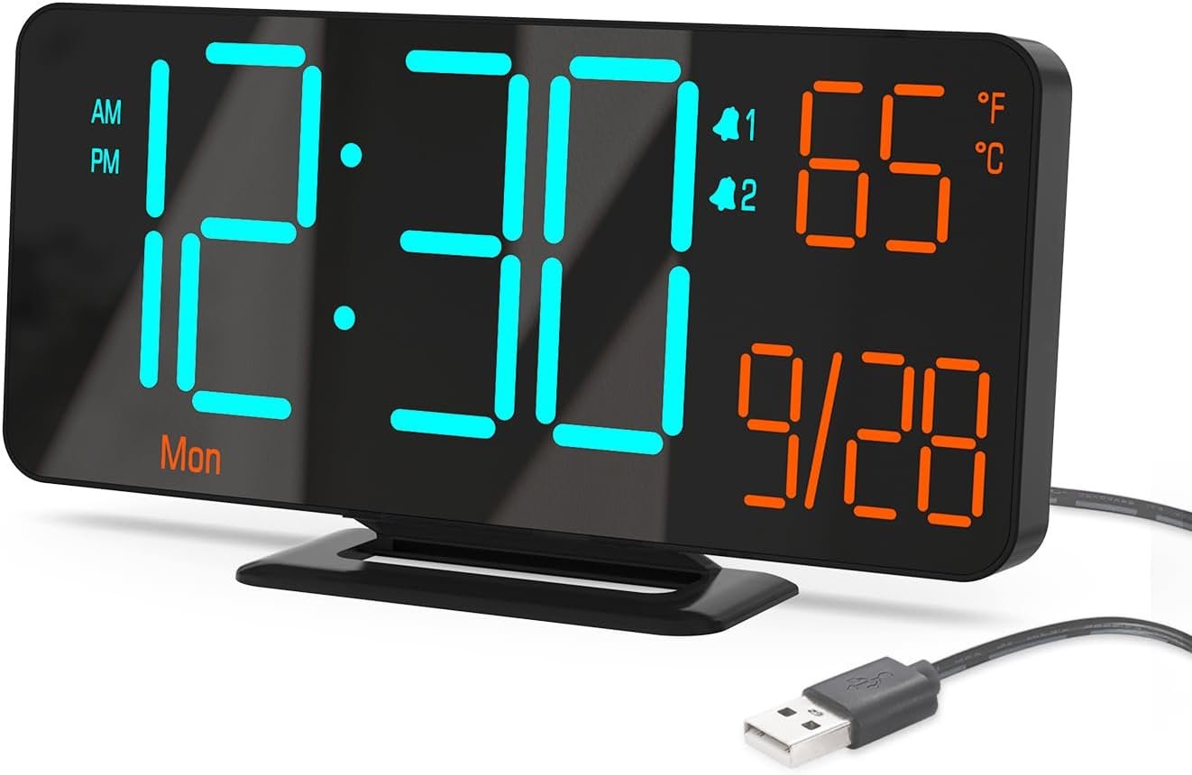 KOSUMOSU Alarm Clocks for Bedrooms, 6.7" Black Small Digital Clock LED, Desk Alarm Clock with Auto Dimming,Seconds, Day of Week, Indoor Temperature,Clocks for Living Room