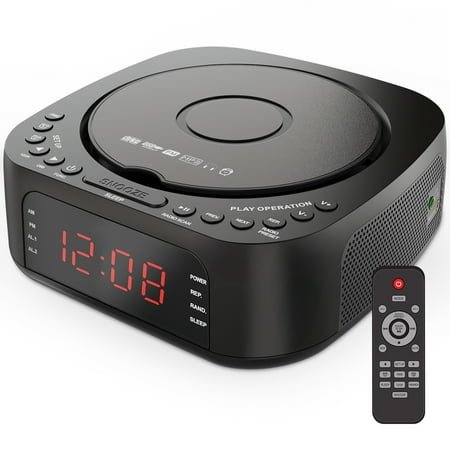 KUEPHOM CD Player Alarm Clock Radio with Remote:CD/MP3,Bluetooth,FM player with Speakers,USB Charger and Dimmable Display for Bedroom-Dual Alarm with Optional Sound Suitable for Heavy/light Sleeper.