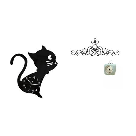 Kuntesetty Acrylic Cat Cartoon Wall Clock and Metal Floral Scroll Art Decorative Modern Ornament for Indoor Living Room Patio Porch Fence