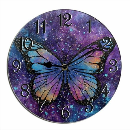 Kurmntregon Butterfly Galaxy Wall Clock Colorful Butterfly Wooden Decorative Wooden Battery Operated Quartz Silent Hanging Clock For Bedroom Living Room Kitchen Coffee Bar Round 10