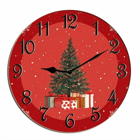 Kurmntregon Christmas Trees Present Wall Clock Xmas Snowflake Wooden Kitchen Desk Decor Decorative Battery Operated Clocks For Living Room Bedroom Bathroom Farmhouse Shop Hotel Round 10