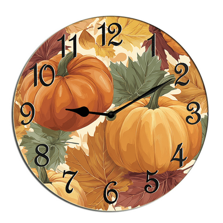 Kurmntregon Fall Pumpkins Wall Clock Autumn Harvest Wooden Decorative Silent Non Ticking Battery Operated Rustic Farmhouse Kitchen Clocks Decorative For Living Room Bedroom Office Round 10