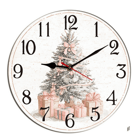 Kurmntregon Pi*nk Christmas Tree Wall Clock Xmas Presents Winter Wooden For Bathroom Silent Non Ticking Decorative Clock Battery Operated Home Office Living Room Decor Round 10