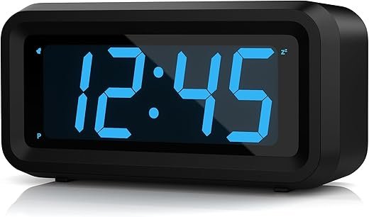 KWANWA Alarm Clock, Digital Clock, Constantly 1.2'' LED Blue Digits Display, Battery Powered, Snooze, Small Wall Clock, Desk Clock, Clock for Bedroom, Alarm Clock for Heavy Sleepers
