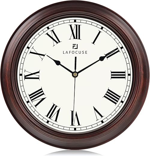 Lafocuse 12 Inch Mahogany Color Wall Clock Roman Numerals, Silent Analog Wall Clock Battery Operated for Kitchen Living Room Bedroom, Retro Home Décor