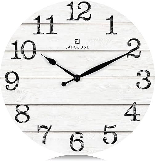 Lafocuse 12 Inch Silent White Wall Clocks for Kitchen Living Room Decor, Wooden Rustic Wall Clock Battery Operated, Decorative Farmhouse Clock