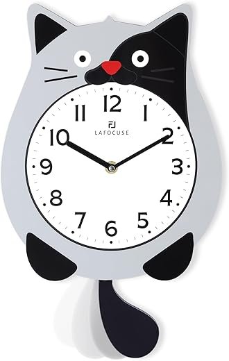 Lafocuse Cat Wall Clock with Swinging Tail, Gray Cat Clocks Analog for Kids Bedroom, Cute Animal Clock Battery Operatedfor Living Room Home Décor