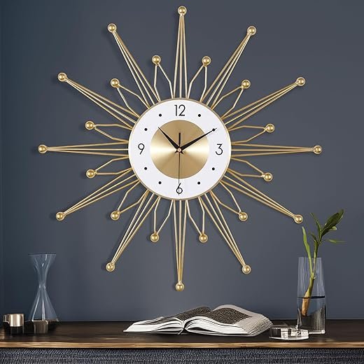Lafocuse Silent 23 Inch Metal Large Gold Wall Clock Modern, Mid Century Wall Clocks Battery Operated, Art Deco Starburst Wall Clocks for Living Room Kitchen Office