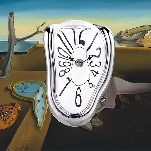 Lafocuse Silver Melting Clock for Shelf, Salvador Dali Clock Silent Non-Ticking Battery Operated Home Décor