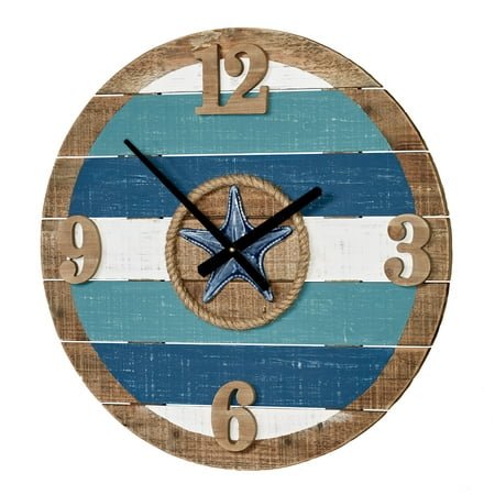 La Mer Coastal Wooden Plank Wall Clock Blue 24 Inches Diameter
