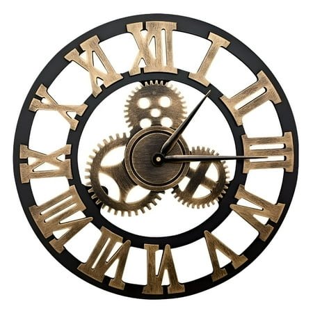 LAMIRO 3D Large Classic Vintage Wooden Silent Wall Clock Retro Gear Hanging Clock Roman Numeral Horologes European Style Steampunk Industrial Decor for Living Room,Bar,Gold,30cm