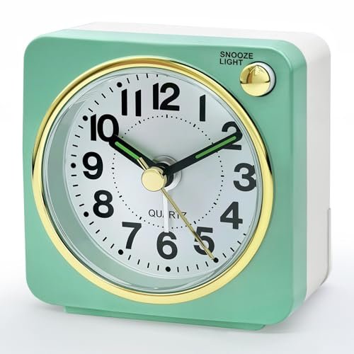 Lamisola Ultra Small Battery Analog Travel Alarm Clock, Retro Clocks for Bedrooms Bedside, Clock for Kids Seniors, Slient with No Ticking, Backlight On Demand, Snooze, Ascending Alarm,Mint