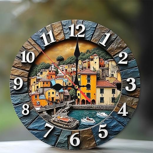 Lancholy Italian Village Seaside Wall Clock 10-Inch Wooden Wall Clock, Silent Movement, Battery Operated (AA Batteries Not Included), Artistic Home Decor, Perfect for Home Accents