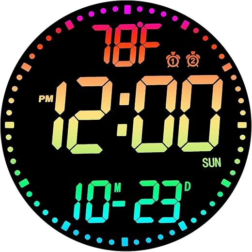 Large 12" RGB Color Changing Digital Wall Clock with Remote Control | LED Display Plug-in Clock with 3 Brightness Levels & Temperature Display | Perfect for Home, Gym, Classroom, Office