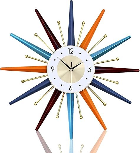 Large 22 Inch Mid Century Wall Clock - Silent Non-Ticking Colorful Art Modern 3D Starburst Clock for Living Room, Bedroom, Office, Restaurant, Kitchen - Battery Operated Home Decor