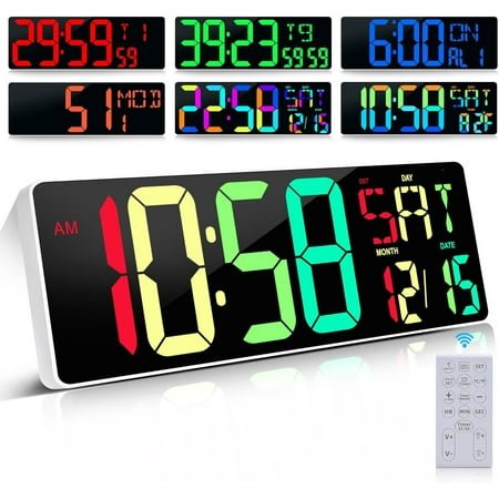 Large Digital Wall Clock Large Display 17.2 Big Digital Timer with 9 Groups Timer Remote Control for Gym Classroom 10 Colors Available for LED Wall Clock with Temperature Date Week DST Dynamic RGB