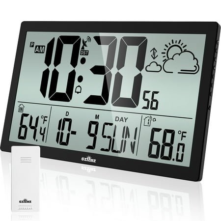 Large Display Atomic Clock, Digital Wall Clock Easy Setting, Indoor Outdoor Temperature With Wireless Outdoor Sensor, Battery Powered, Easy To Read Desk Clock For Office, Kitchen, Living
