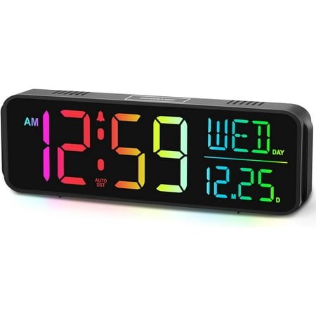 Large Display Digital Alarm Clock for Bedrooms, Date Day of Week Temp Desk Table Clocks for Living Room Office, Dimmable Plug in Electric Clock, 5 Volumes, Loud, Auto DST